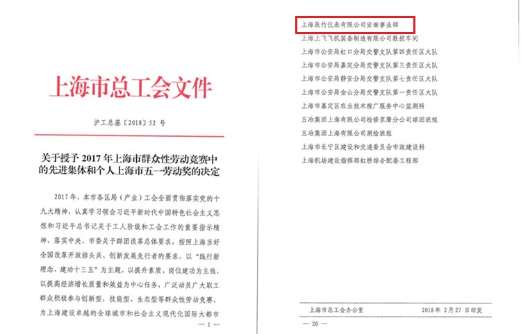 辰竹公司安继事业部被授予“2017年上海市工人先锋号”荣誉称号